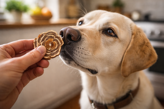 Person handing a Turkey Tail mushroom to a dog for immune support.
